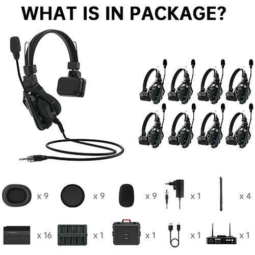 Solidcom C1-HUB8S con 9 auriculares y base HUB. Sistema de Intercomunicación inalámbrico.